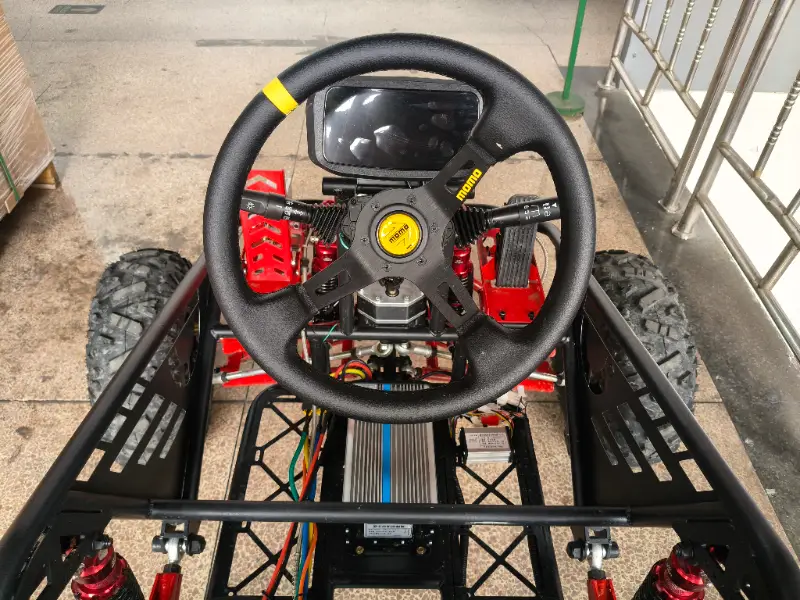 Off-road electric buggy rear view with durable steel frame structure